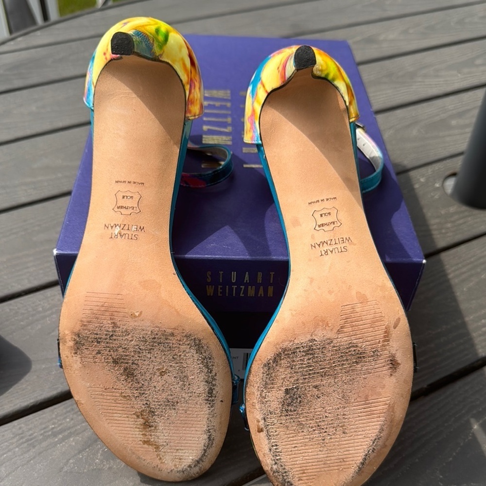 Stuart Weitzman Leather Patent Blue Yellow Pink Heeled Sandal Ankle Strap Size 8 - Picture 7 of 8